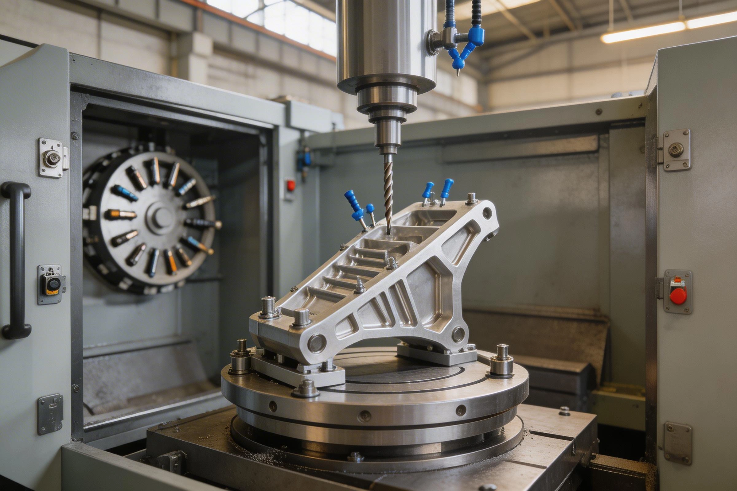 5-axis CNC machining center interior with rotary table and tool changer