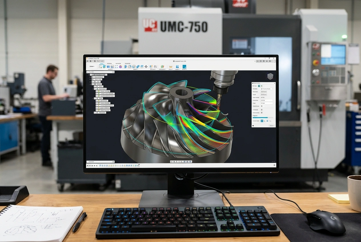 CAM software screen showing multi-axis toolpath simulation on complex 3D metal part