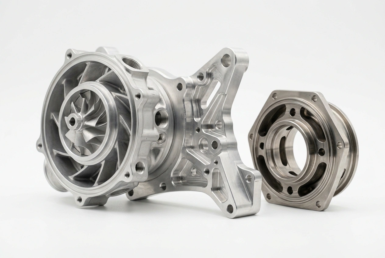 Complex CNC machined components including impeller and multi-feature bracket in aluminum
