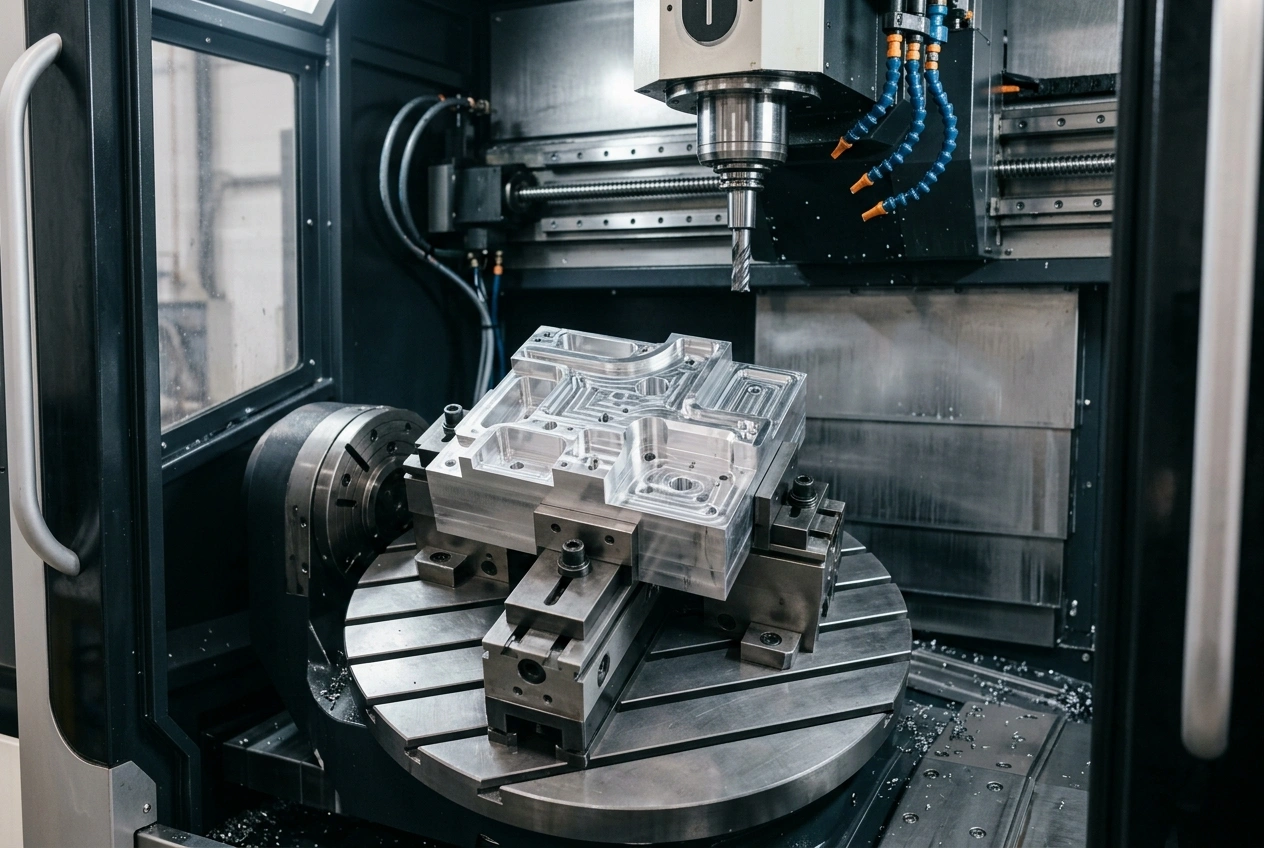 CNC workpiece clamped in precision 5-axis fixture for multi-sided machining in one setup