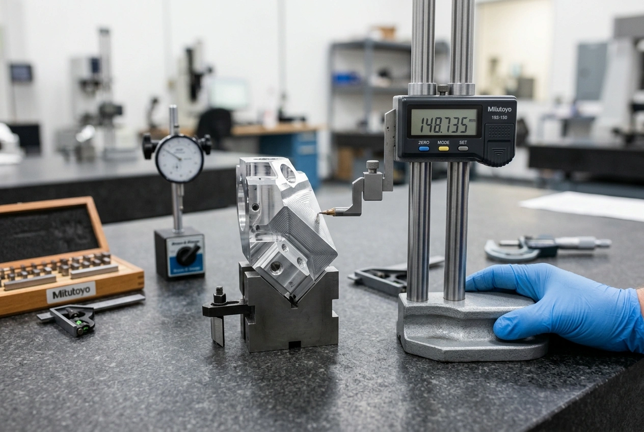 Precision measurement of 5-axis CNC machined angled feature with digital height gauge