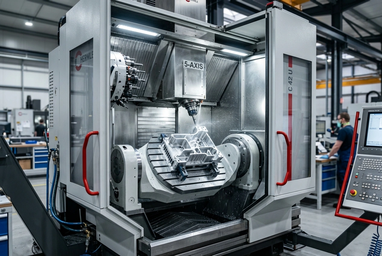5-axis CNC machining center with tilting trunnion table angled toward complex metal workpiece