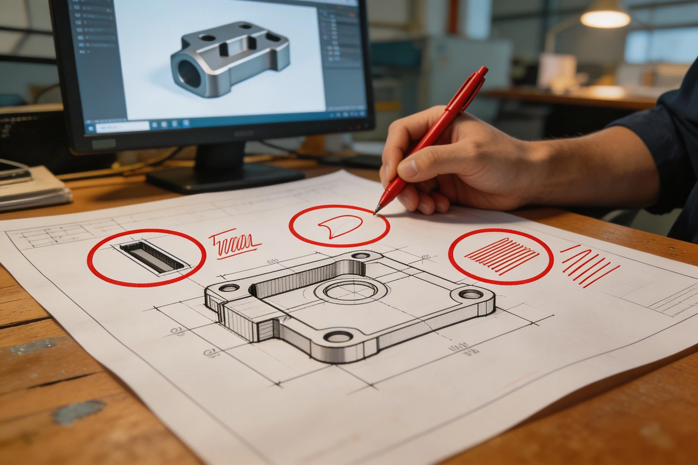 Engineer performing DFM review on CAD model to reduce CNC machining cost