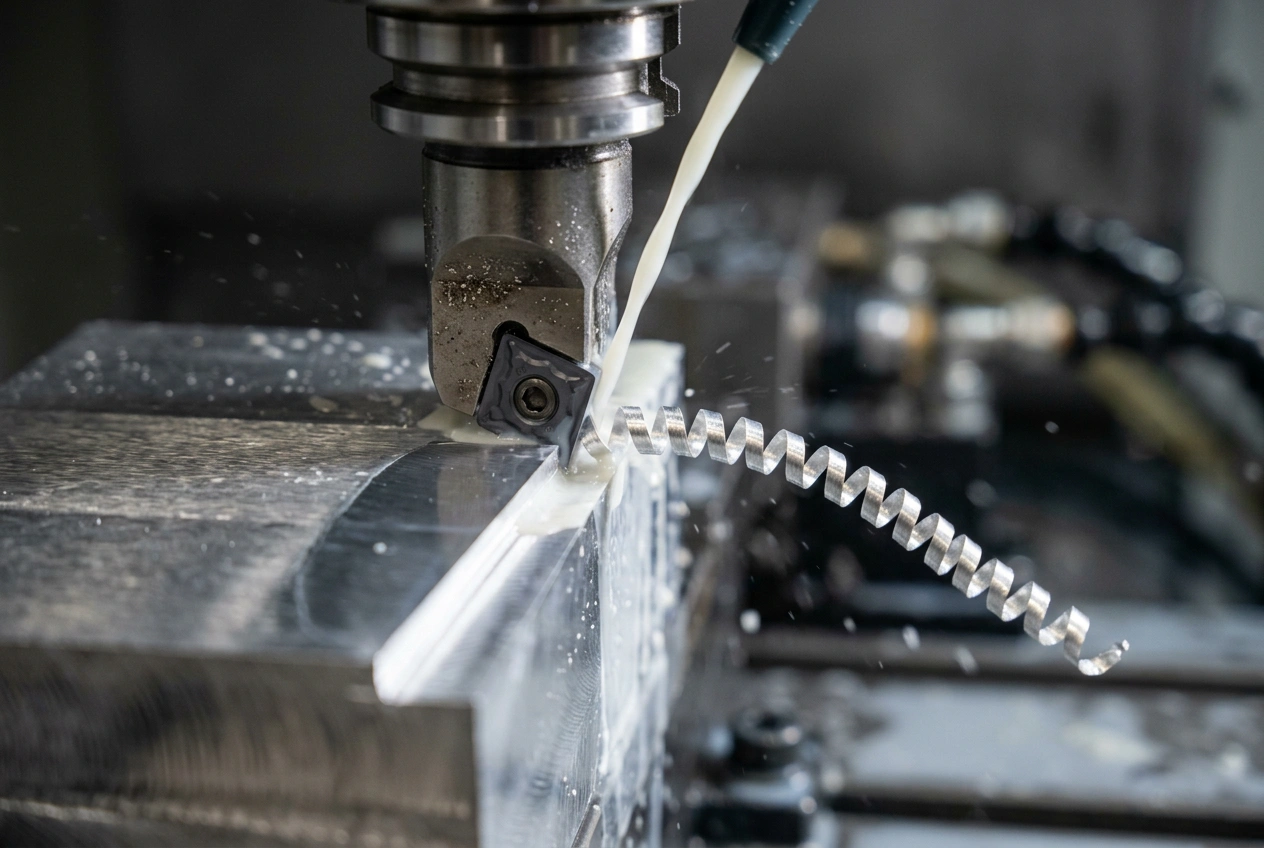 CNC cutting tool machining aluminum with controlled chip formation