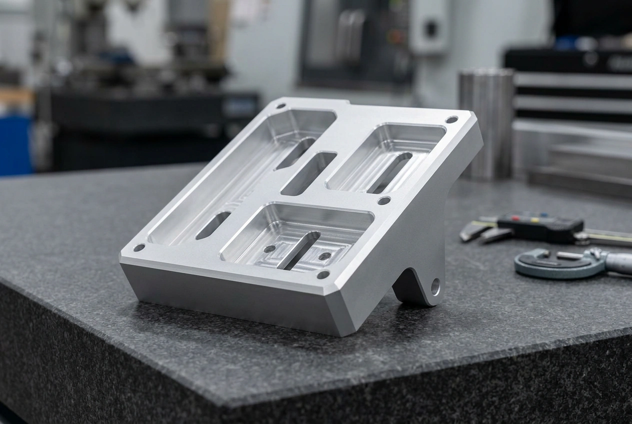CNC machined aluminum bracket with pockets and precision faces