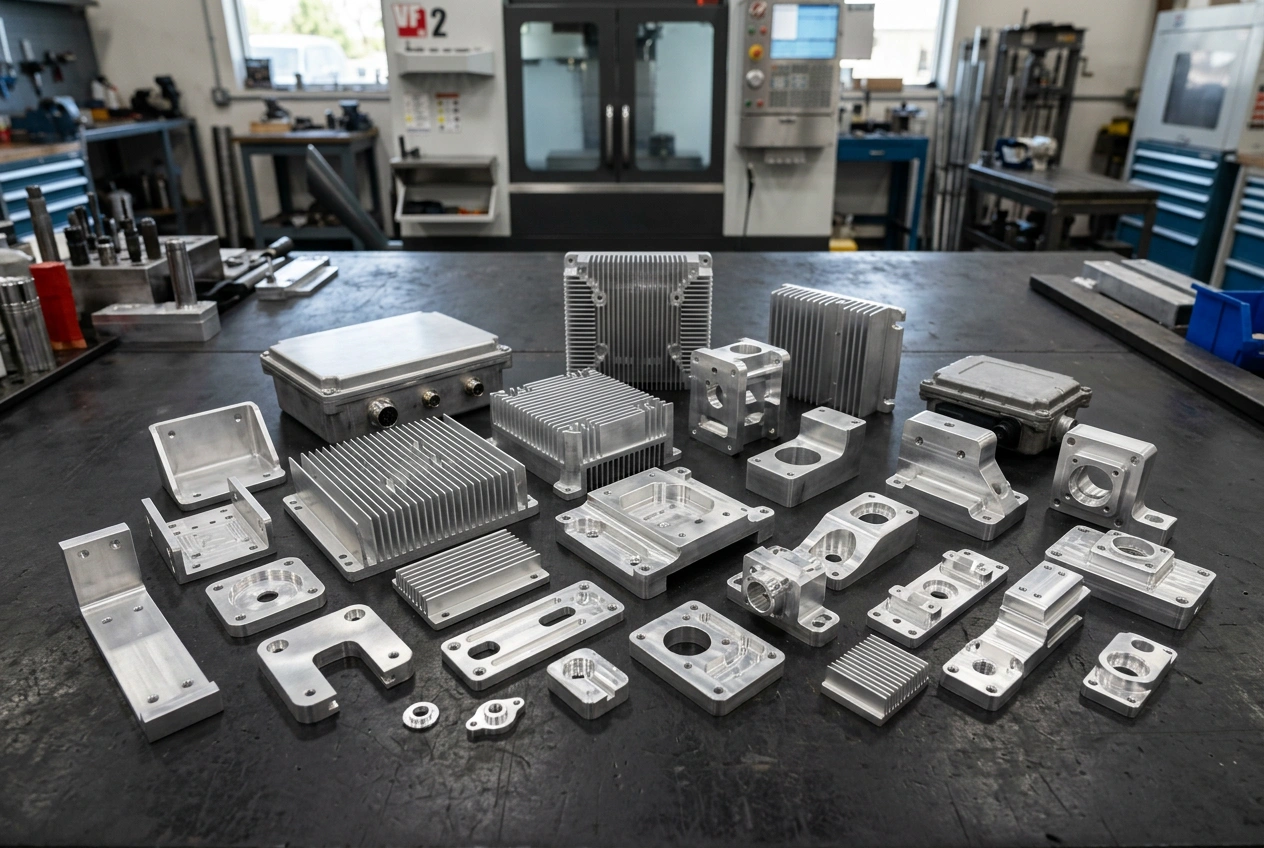 Aluminum part being machined on a CNC mill with coolant