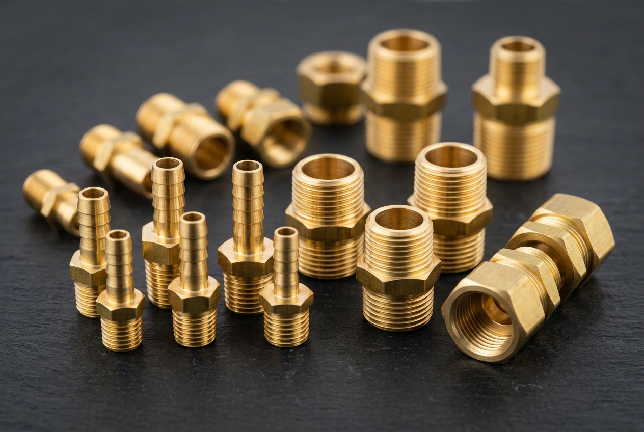 Assorted brass CNC machined parts for electronics and fluid systems