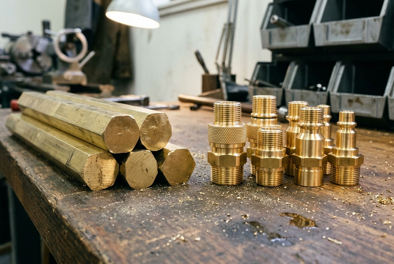 Brass hex stock and finished turned brass connector parts