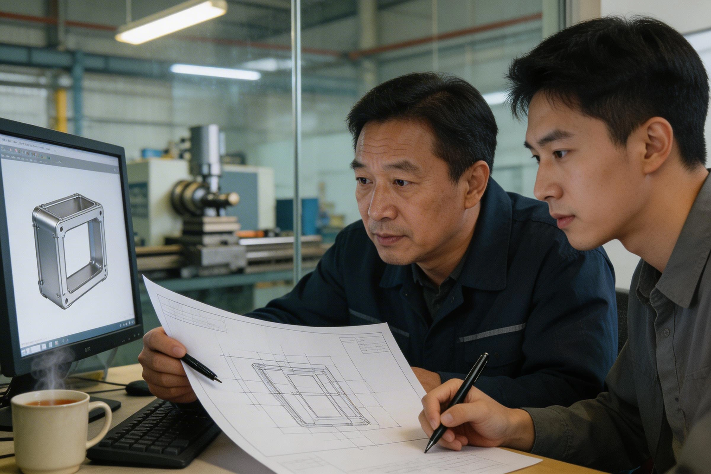 Two engineers reviewing a 3D CAD model on screen with technical drawings and CNC machines visible through office window