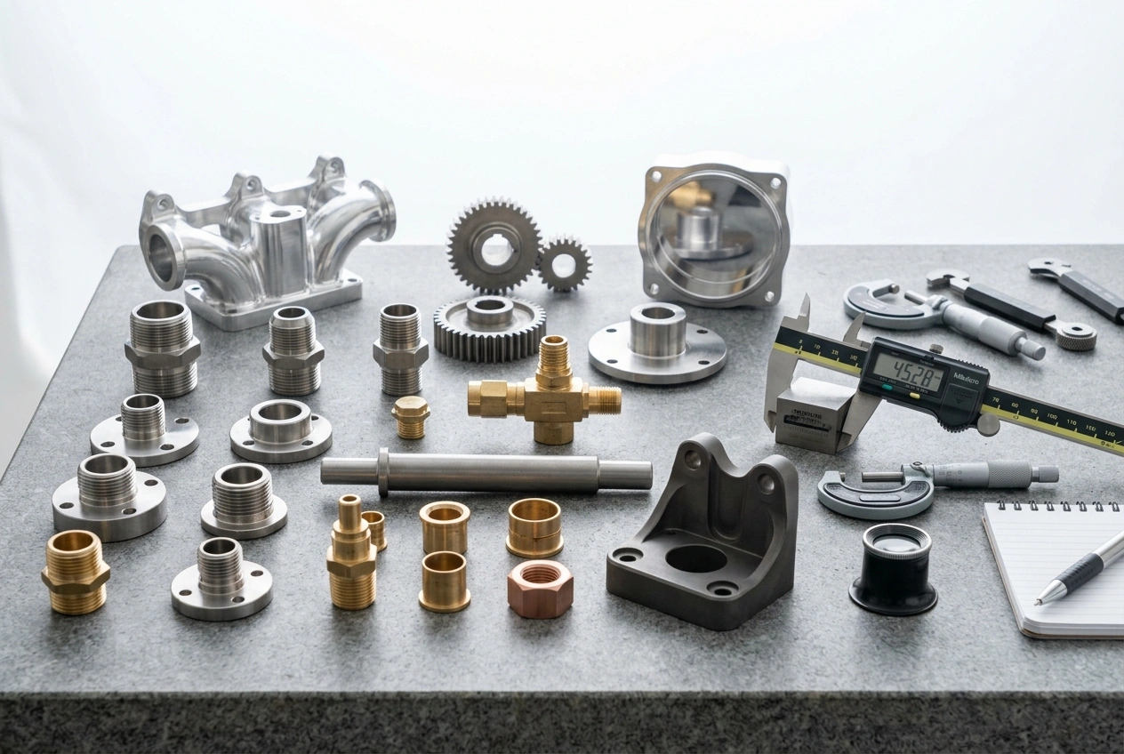 Assorted CNC machined parts in aluminum brass and steel on an inspection table with calipers
