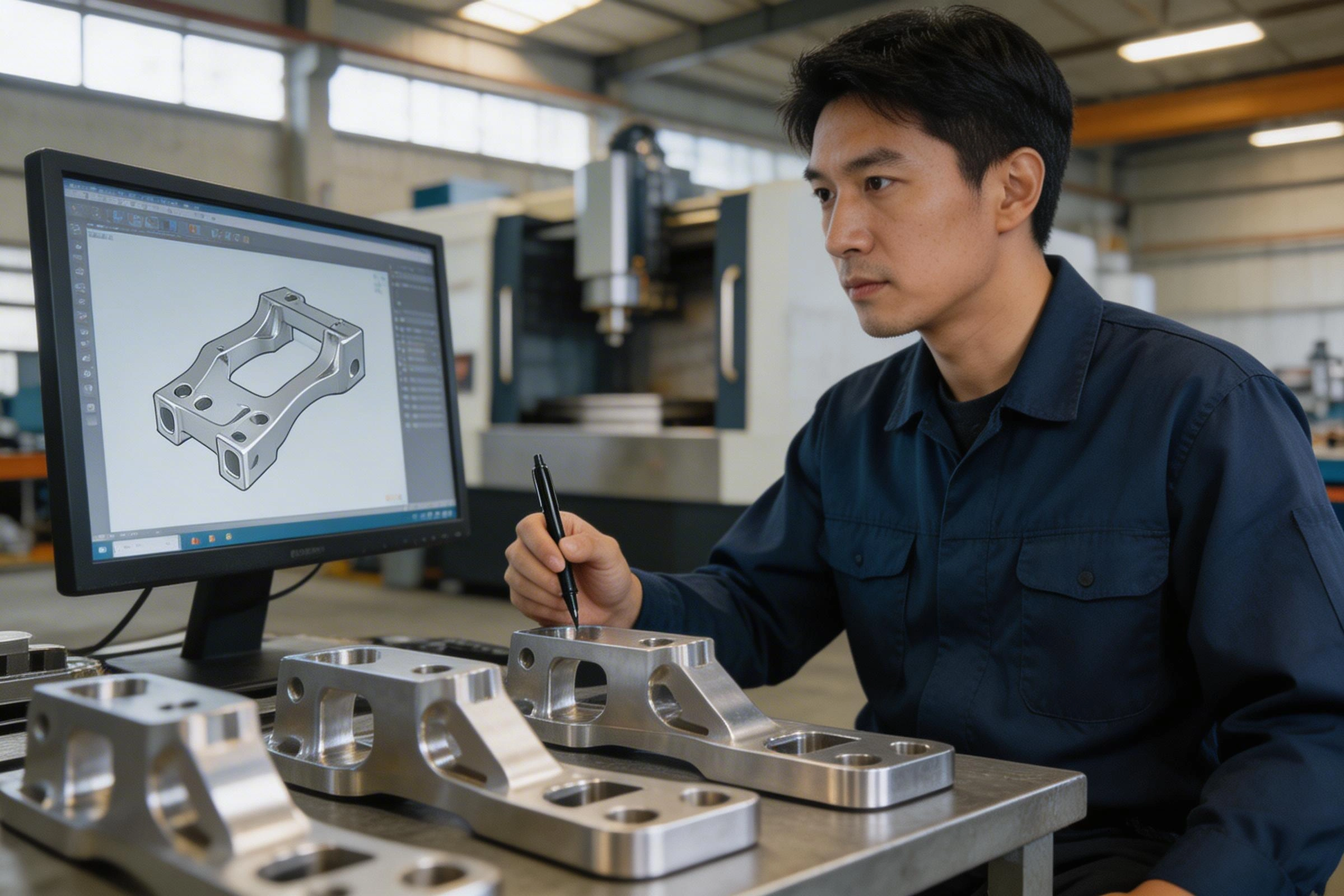 Engineer reviewing CAD drawing on monitor next to CNC milling machine with finished precision parts on inspection table