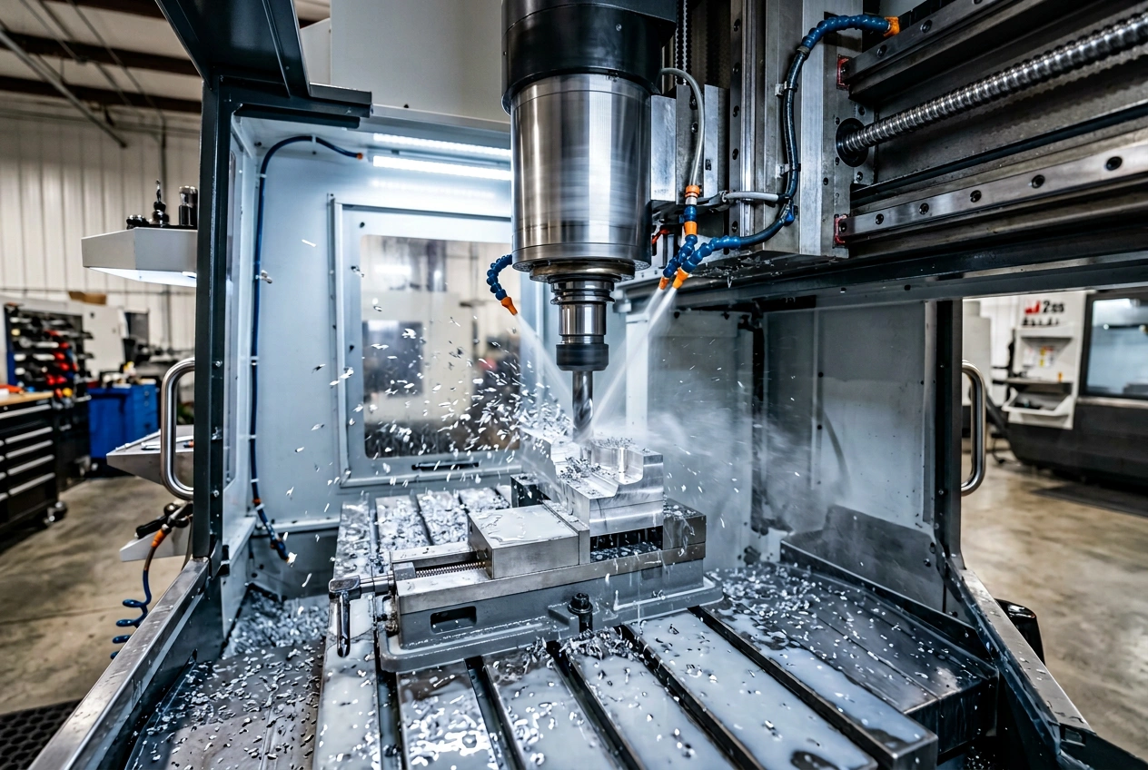 CNC vertical milling machine actively cutting an aluminum workpiece with coolant spray in a modern factory