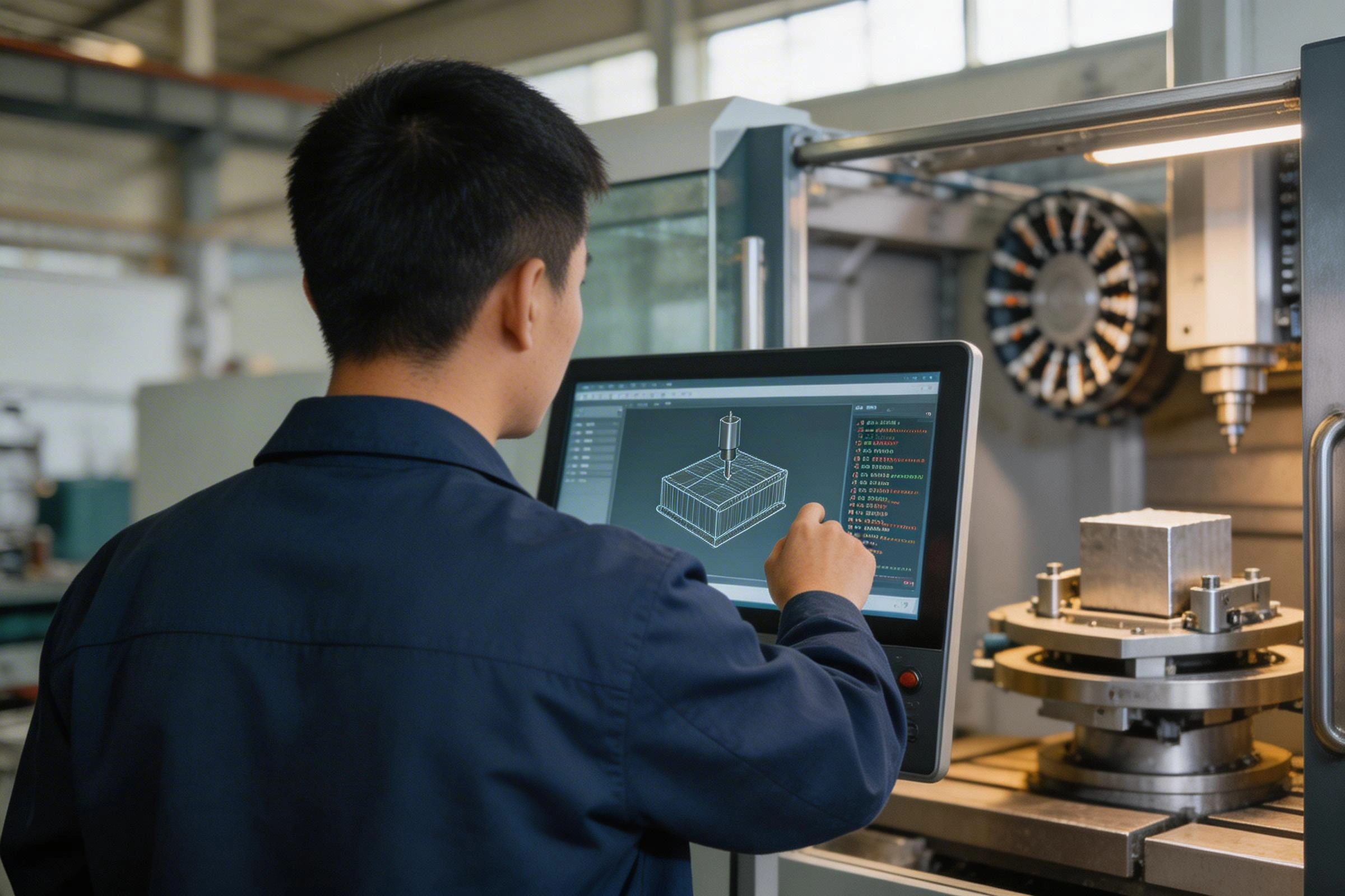 CNC operator programming a DMG MORI 5-axis machining center with touchscreen control panel