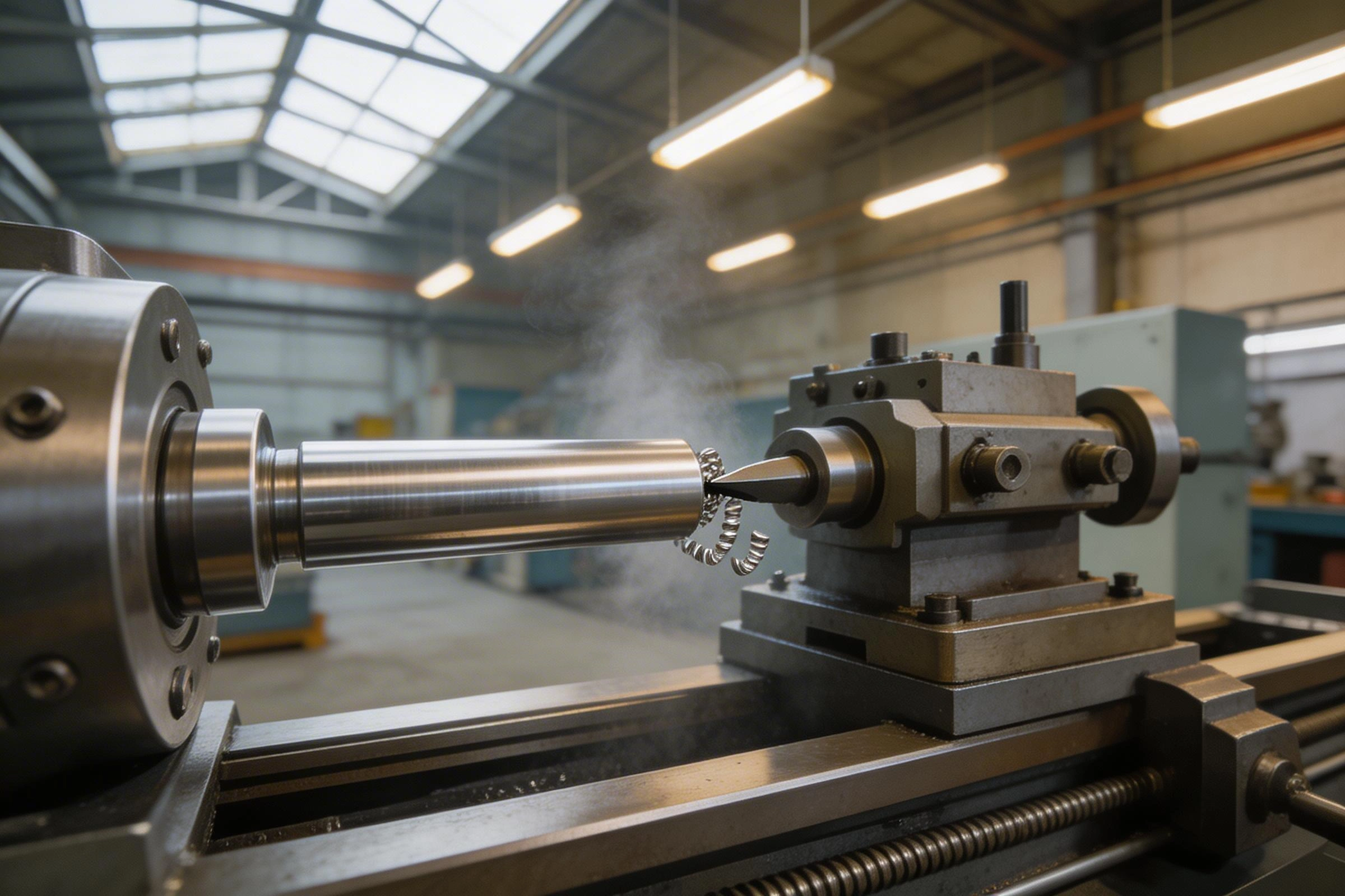 CNC lathe turning a precision metal shaft with cutting tool and coolant lines