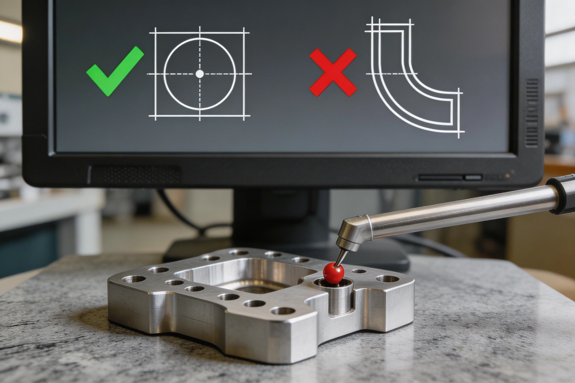 CMM inspection of complex CNC part with GD&T true position and profile verification on screen