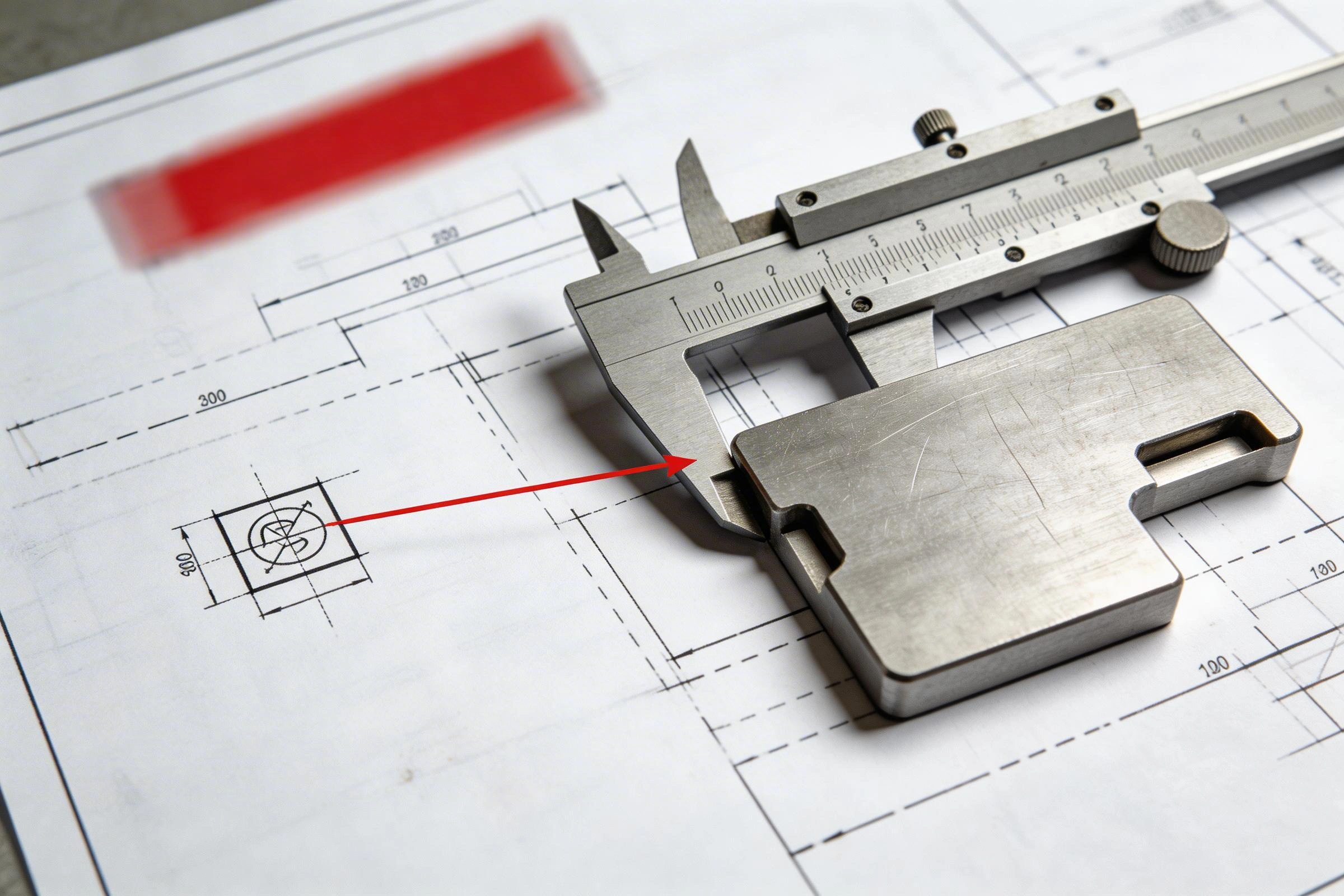Custom CNC machined OEM components inspected against technical drawings with calipers
