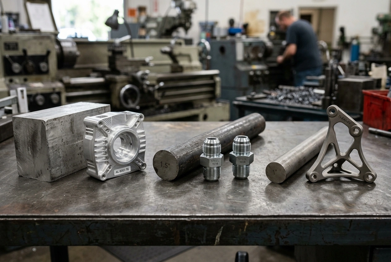 Raw metal stock and finished custom CNC machined OEM parts in aluminum stainless and titanium