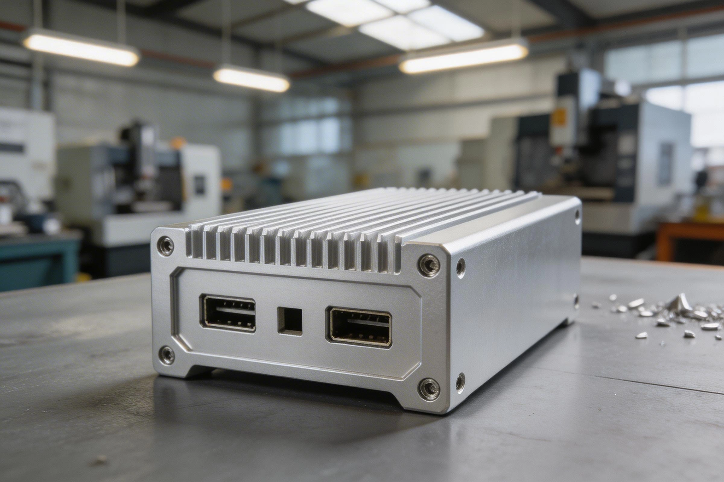 CNC machined aluminum electronics enclosure with heat sink fins and mounting features