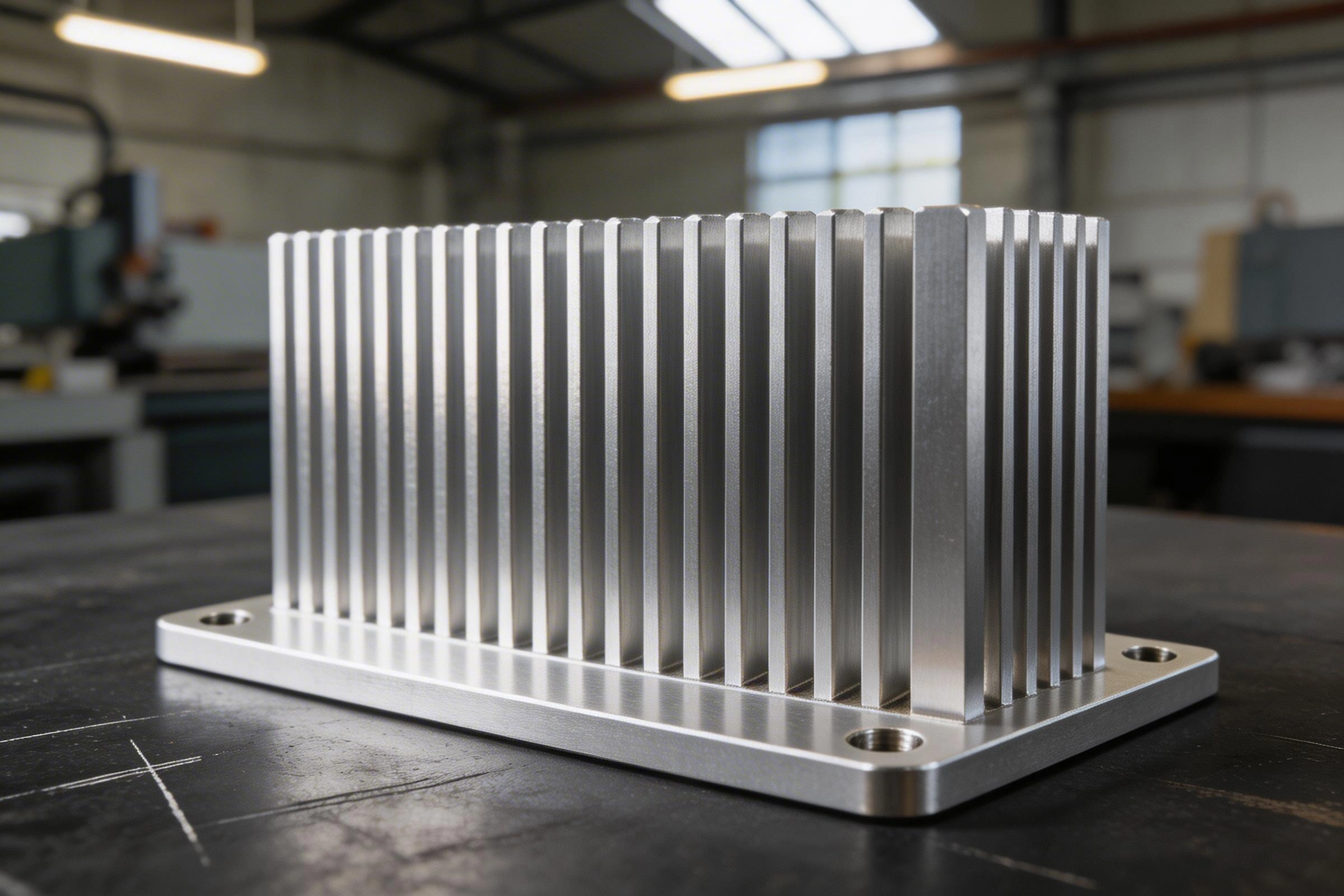 CNC machined aluminum heat sink with fin geometry for electronics thermal management