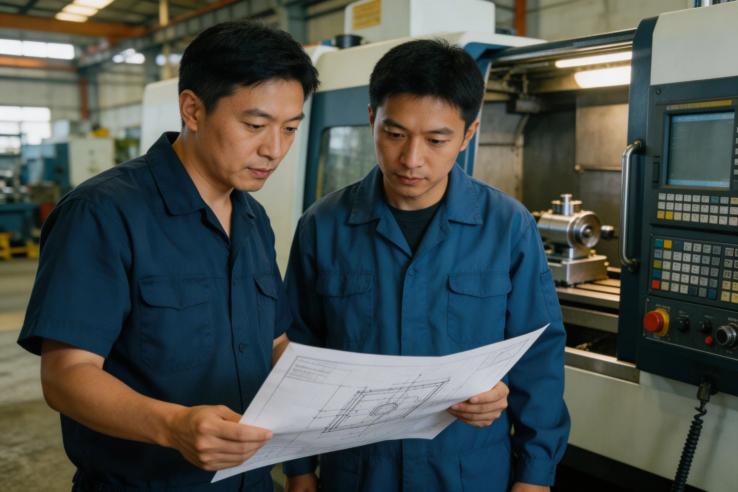 Engineers reviewing CNC technical drawing at factory workbench with machined parts