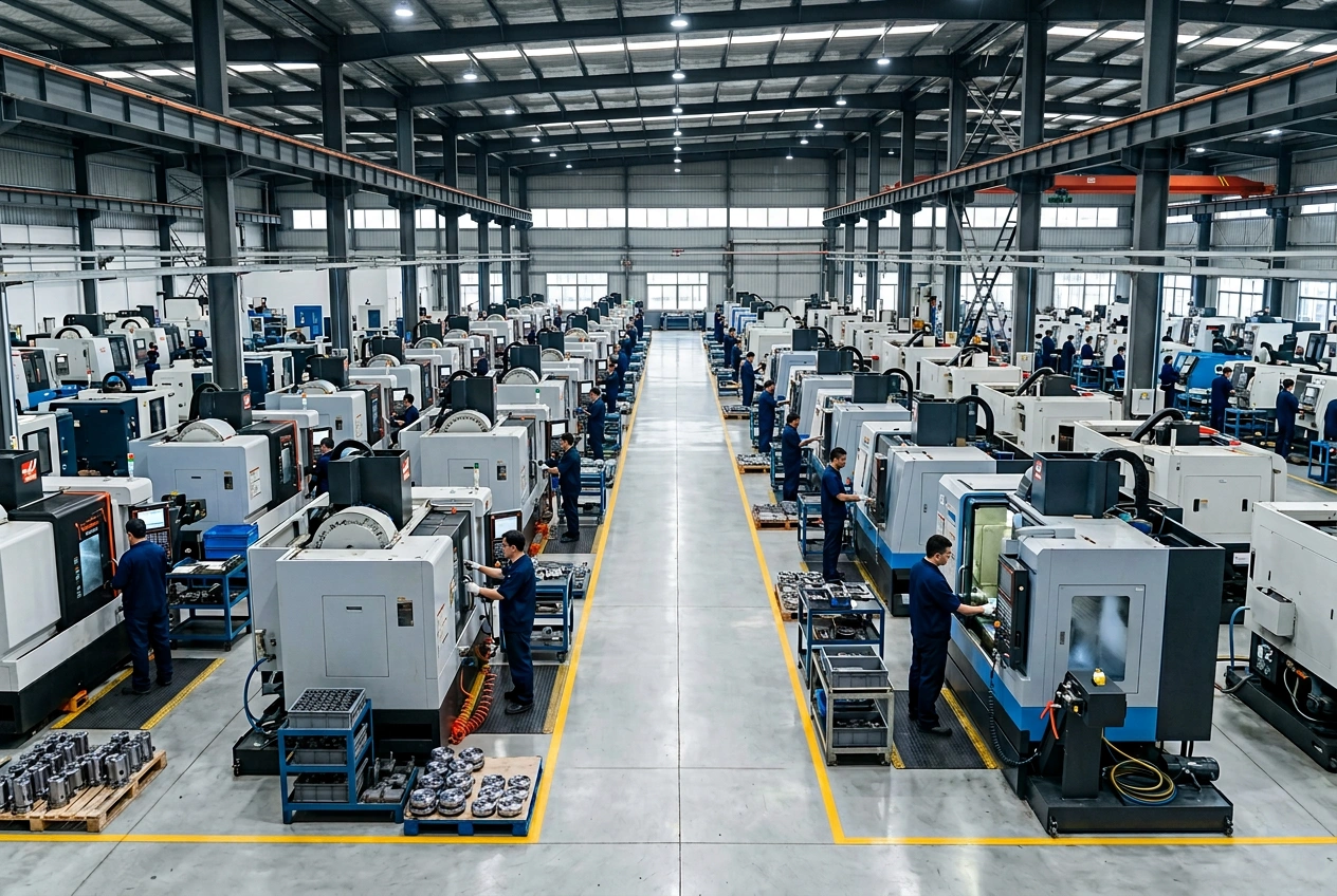 CNC machining factory production floor with milling and turning machines in Dongguan China
