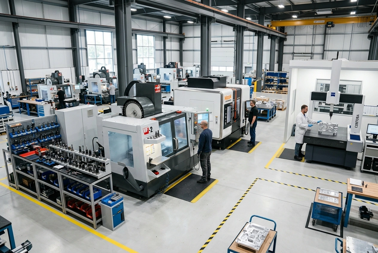 CNC machine shop with milling machines and CMM inspection equipment on factory floor