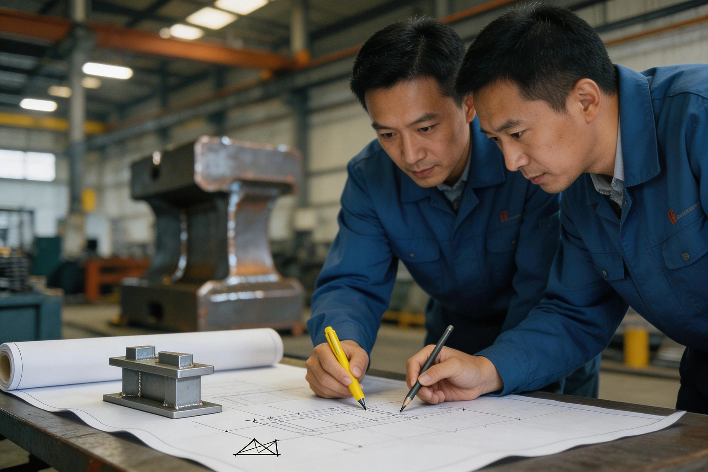 Engineers reviewing oversized part technical drawing with datum planning notes