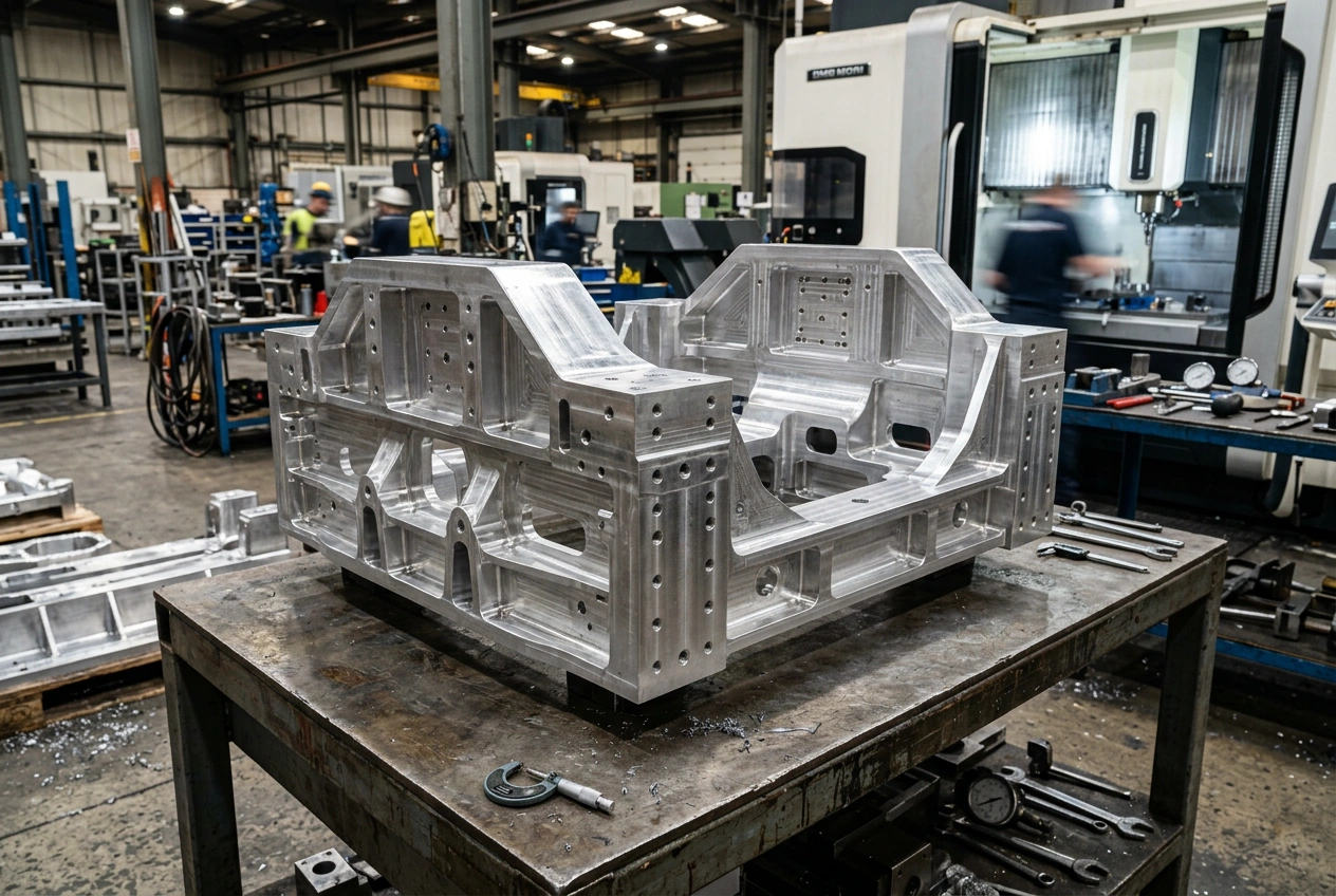 Large CNC machined framework component with multiple mounting hole patterns