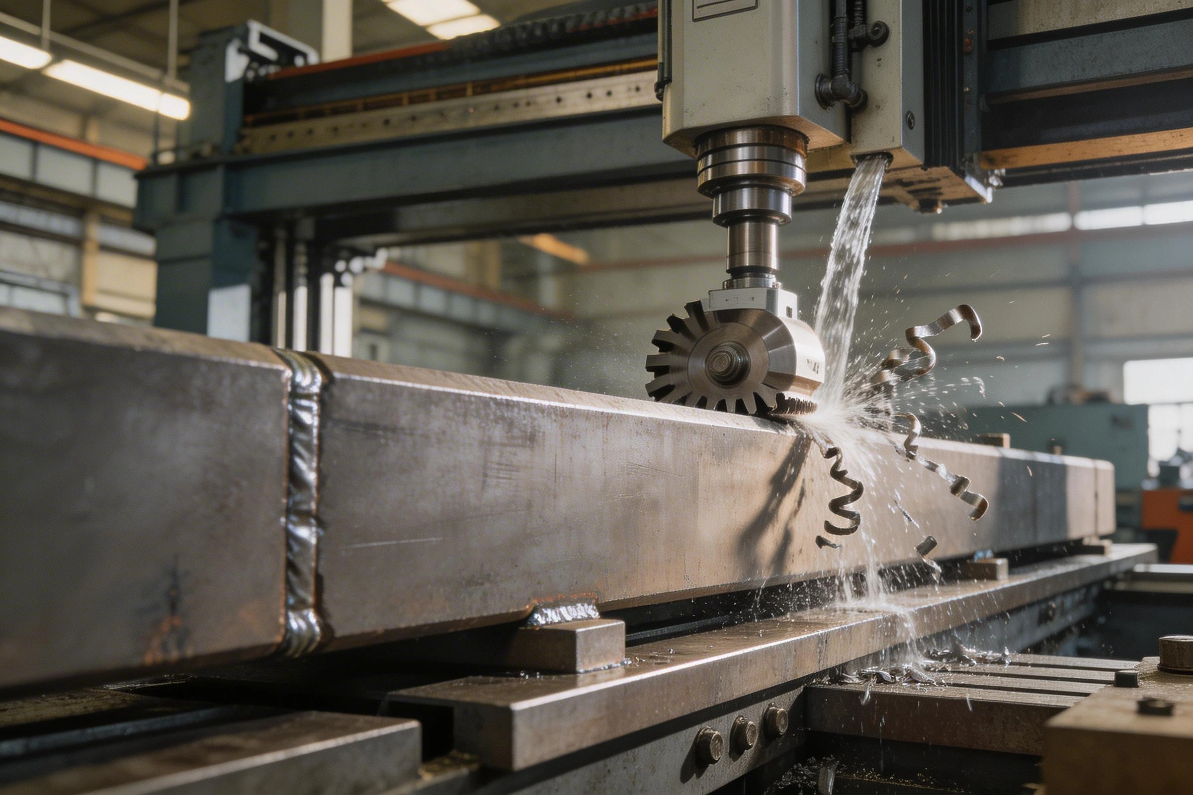 Heavy-duty CNC face milling operation on oversized steel component with chips flying