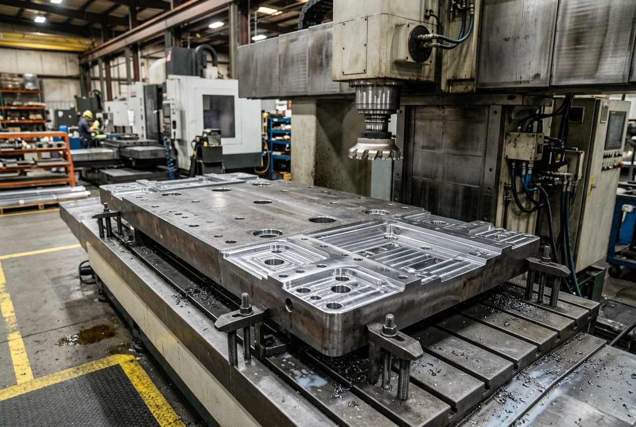 Oversized CNC machined industrial base component on large machining table