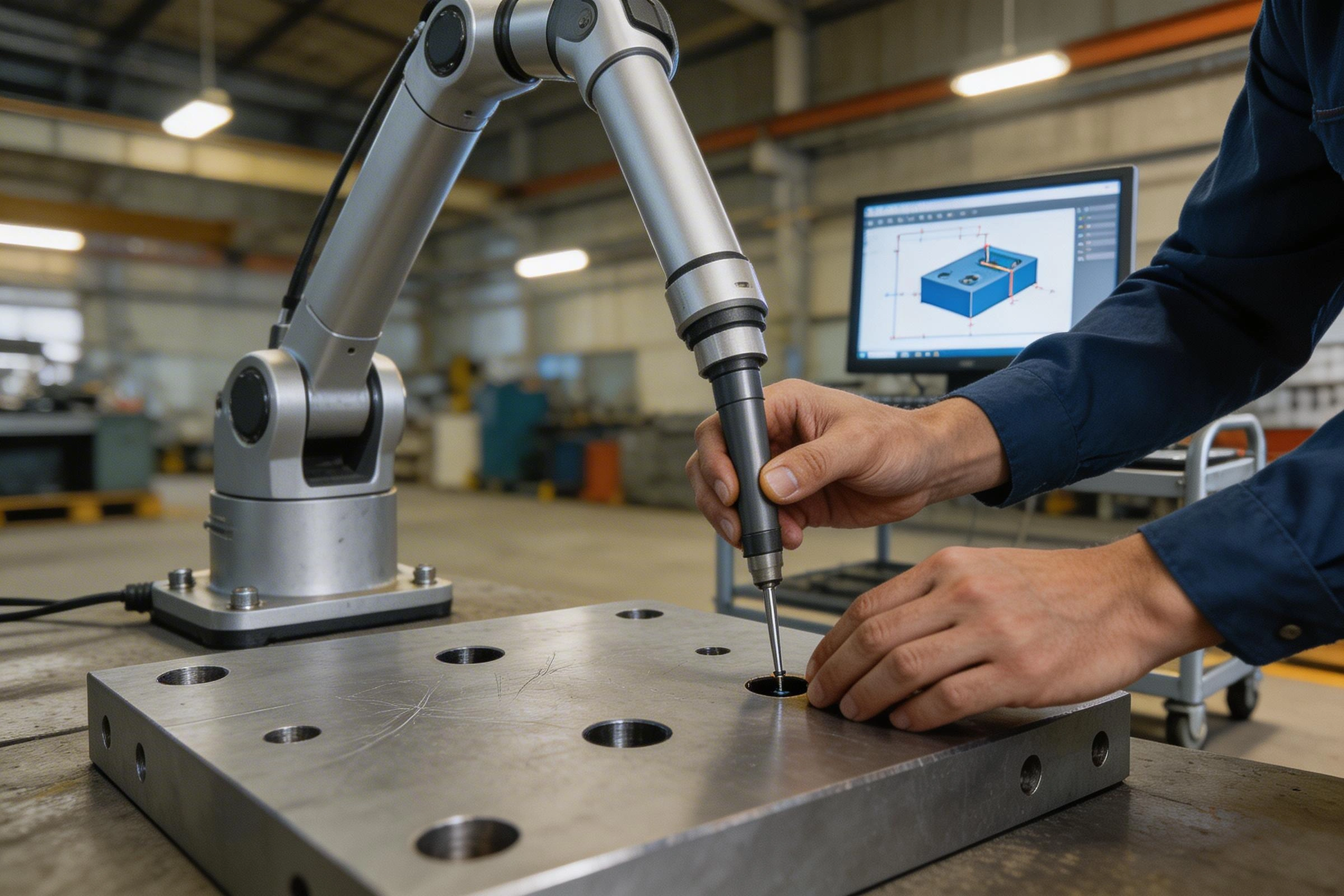 Portable CMM arm measuring coordinates on a large CNC machined steel component