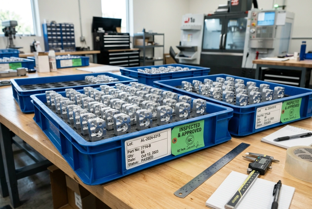 Small-batch CNC machined parts organized in production trays for low-volume release