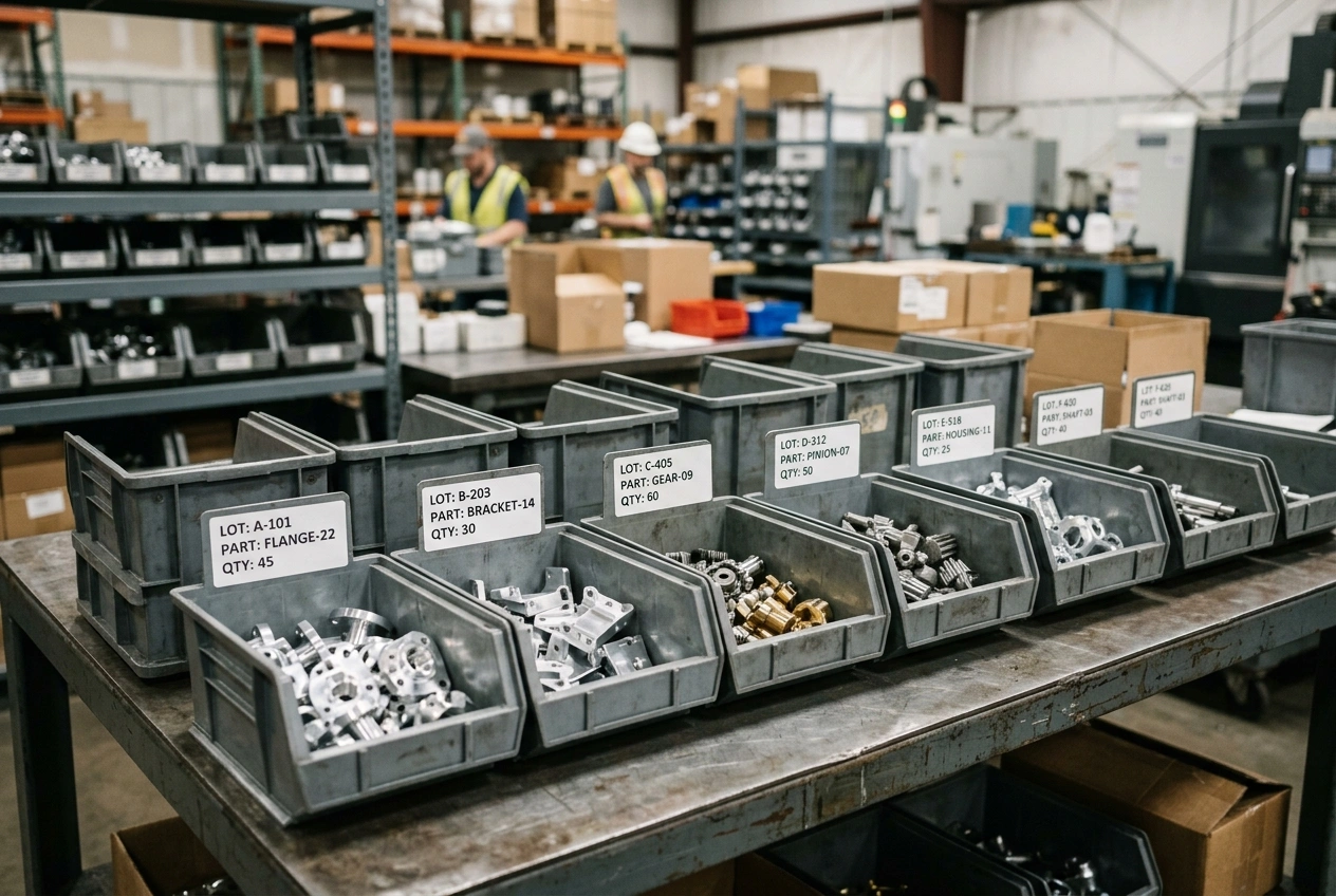 Small-batch CNC parts grouped by release lot in labeled bins for shipping