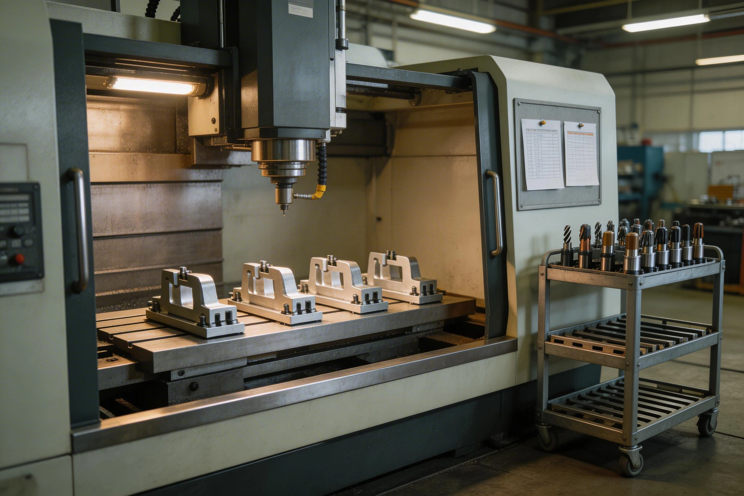 CNC machine cell with fixtures configured for repeat small-batch production