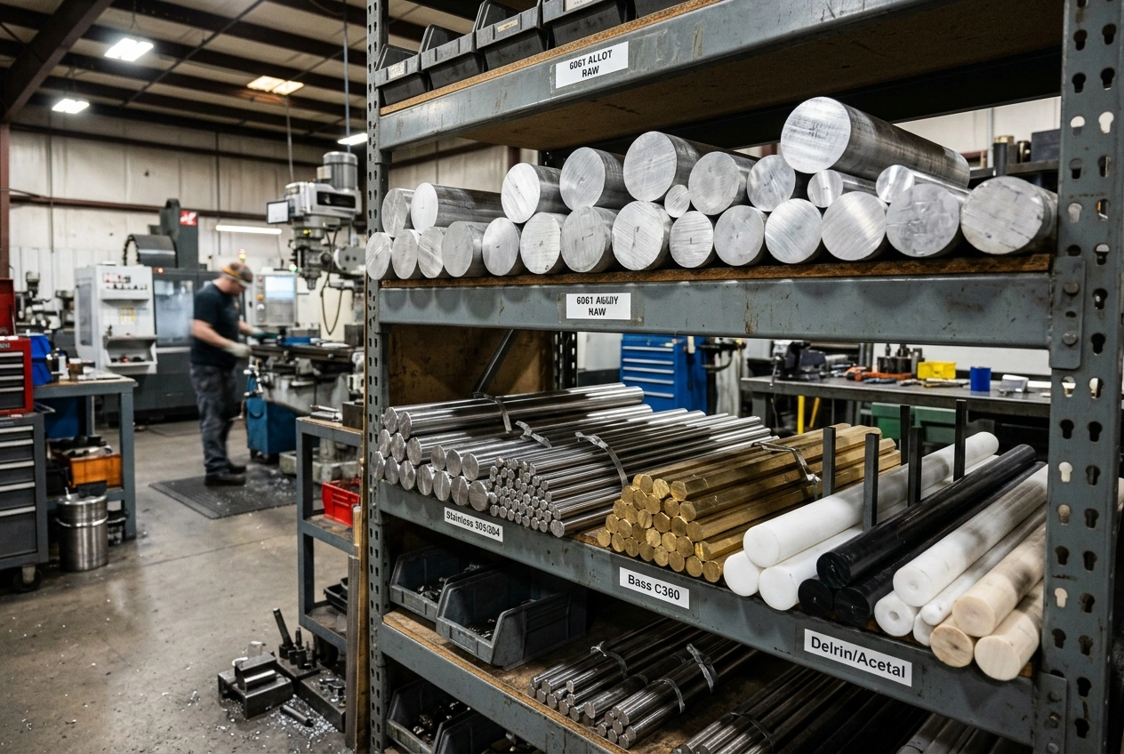 Low-volume production material stock including aluminum billets brass hex bar and plastic rods