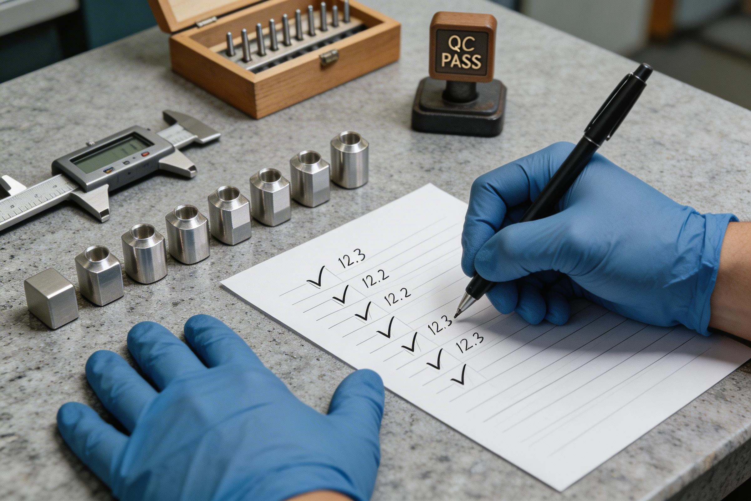 Quality inspection of low-volume CNC batch with gauges calipers and inspection checklist