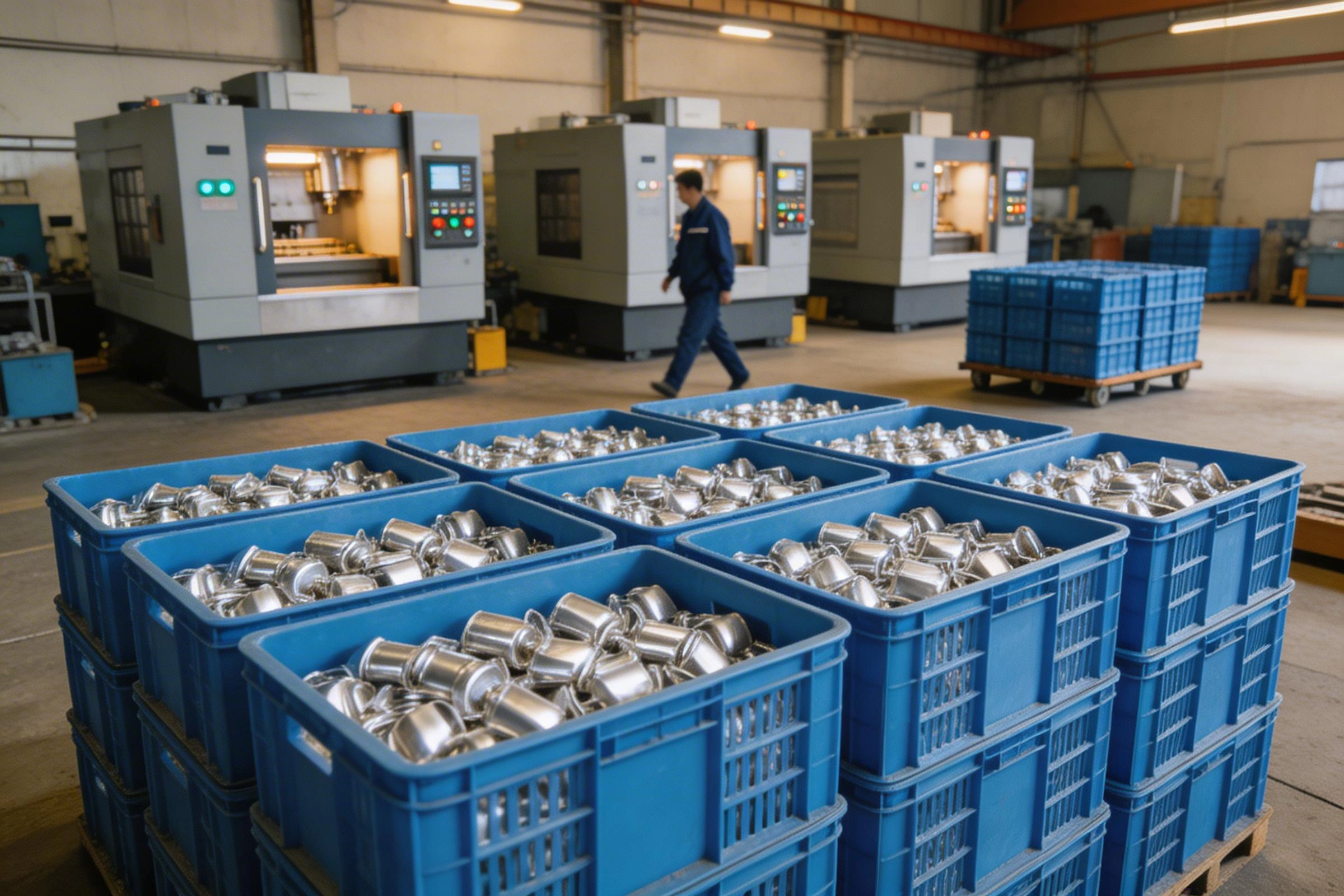 High-volume CNC production cell with multiple machines and parts staged for OEM shipment