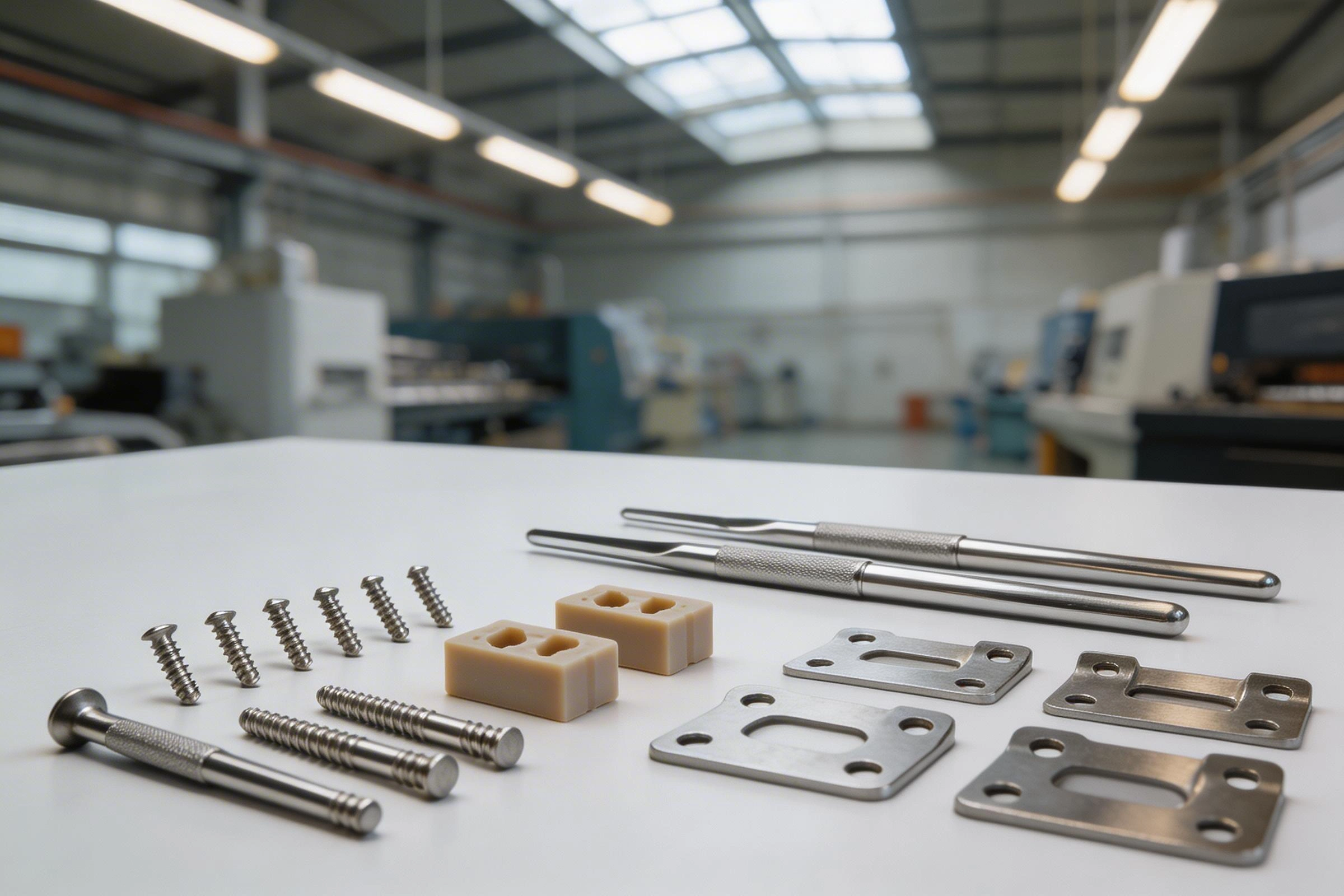 Precision medical CNC machined components laid out for dimensional review