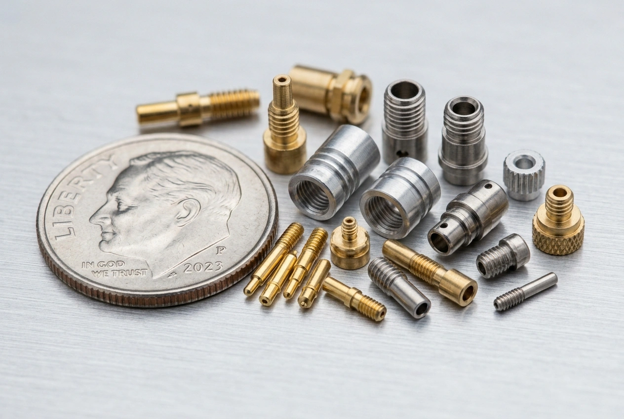 Tiny CNC turned metal components for electronics and precision instruments next to coin for scale