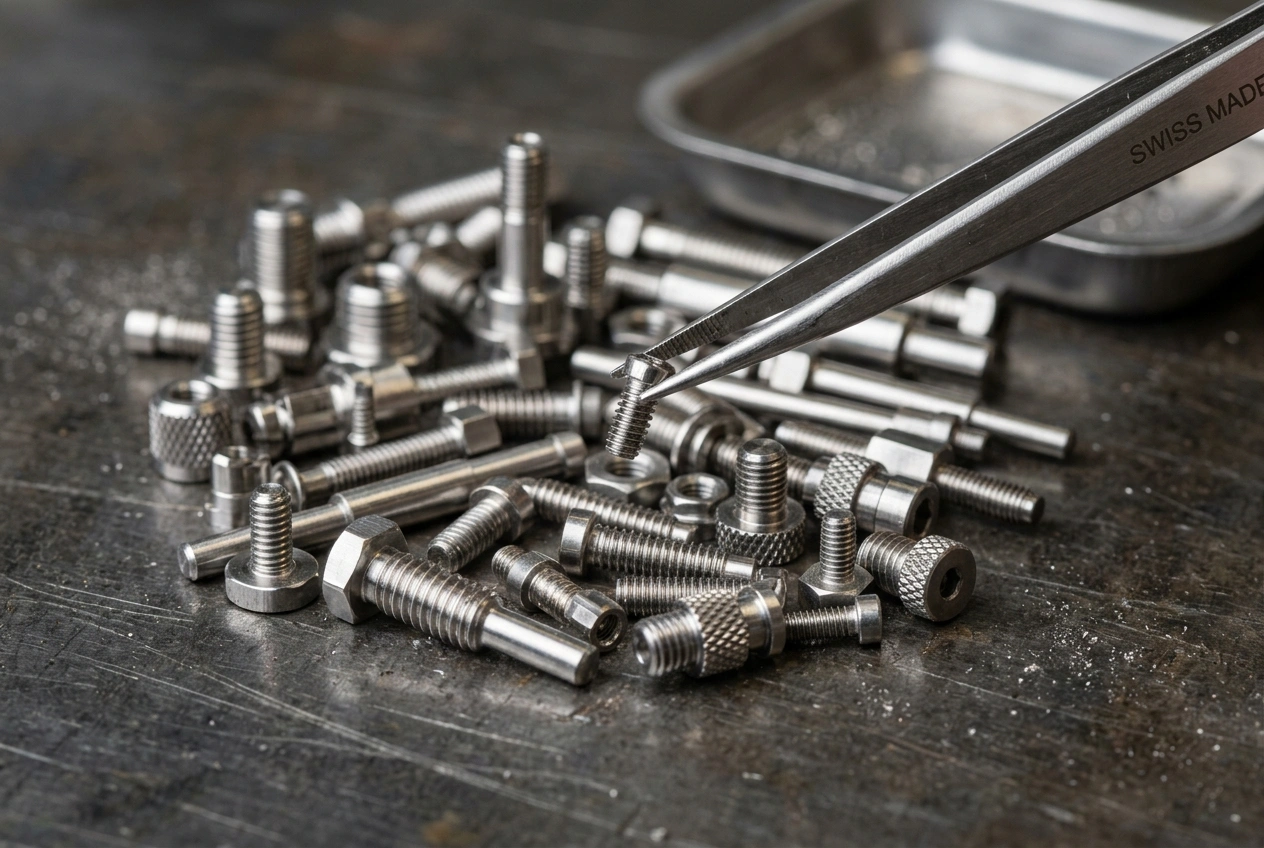 Miniature precision CNC machined parts with fine threads and small diameters under magnification