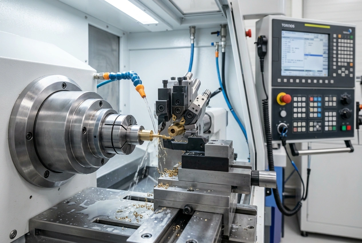 Precision CNC lathe setup with guide bushing and micro tooling for small-diameter turning