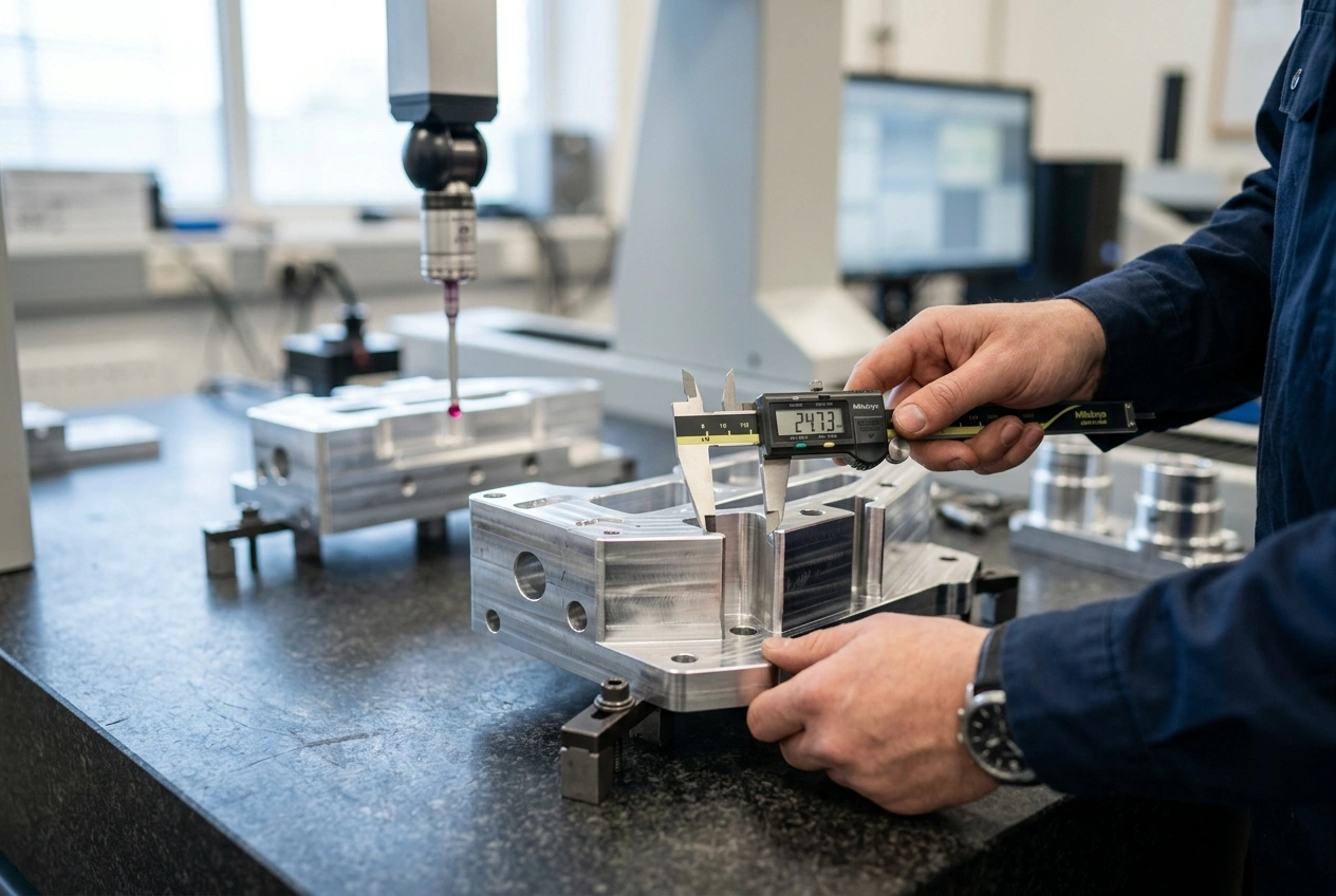 Dimensional inspection of CNC milled precision part with digital caliper and granite surface plate