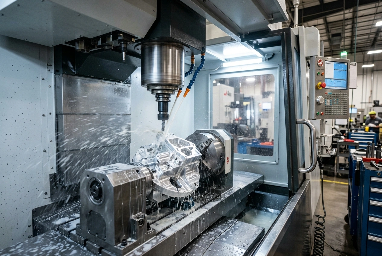 Multi-axis CNC milling center actively machining a precision metal component with coolant spray