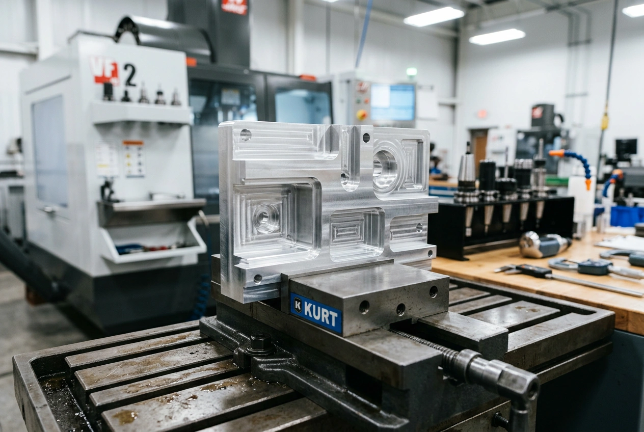 Prismatic CNC milled aluminum part with machined pockets and flat faces on inspection table