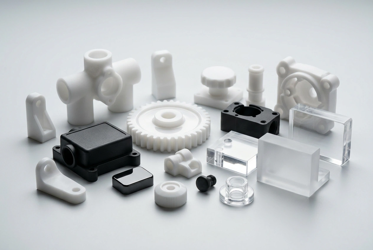 CNC tool cutting an engineering plastic block with controlled chips