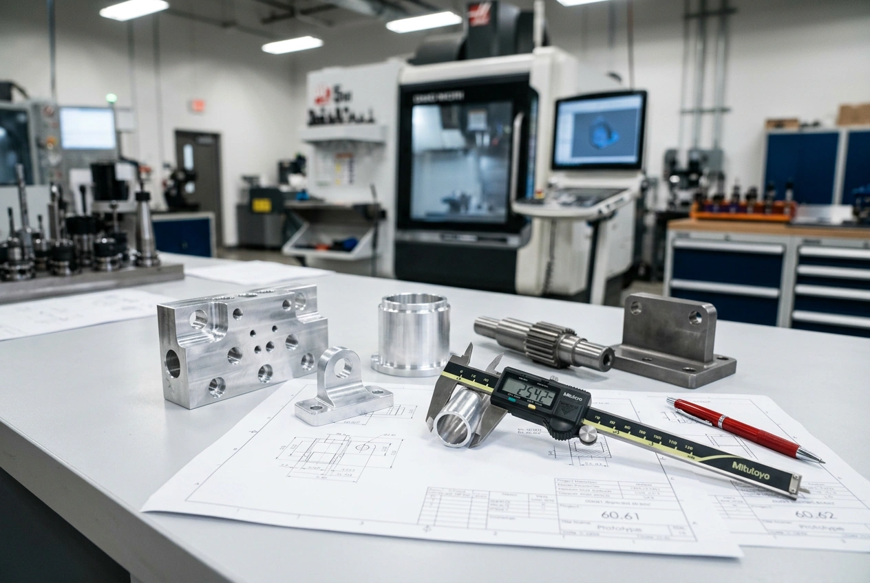 CNC machined prototype components with engineering drawings and caliper for design validation