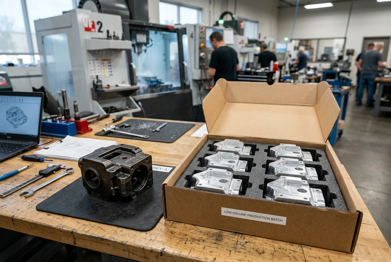 CNC prototype parts transitioning to low-volume production in protective packaging