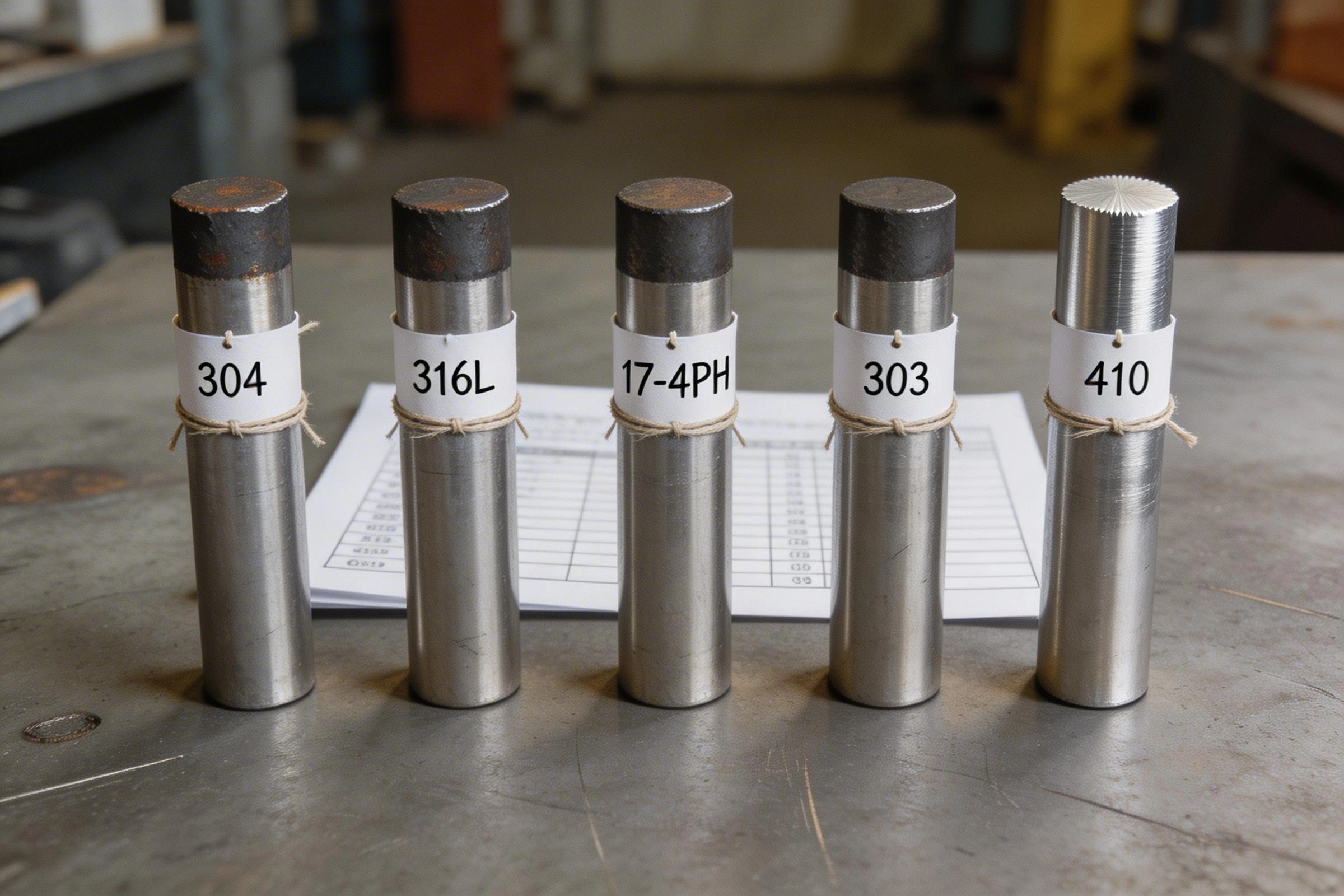 Stainless steel bar stock and machined cylindrical samples