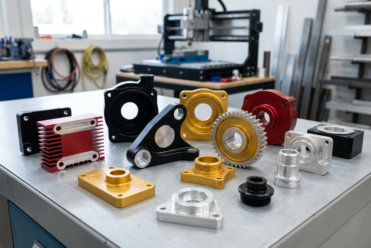 Anodized aluminum CNC parts in black gold red and silver after surface finishing