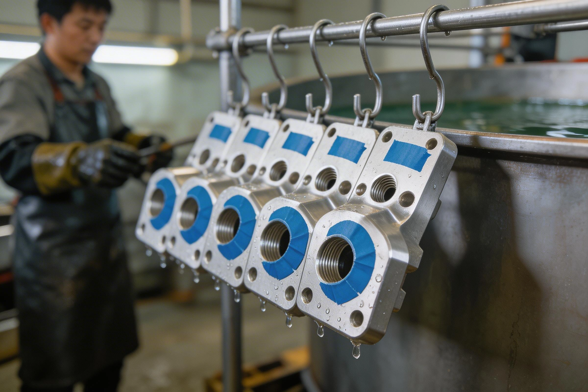 CNC machined parts on anodizing racks with masking tape prepared for surface treatment